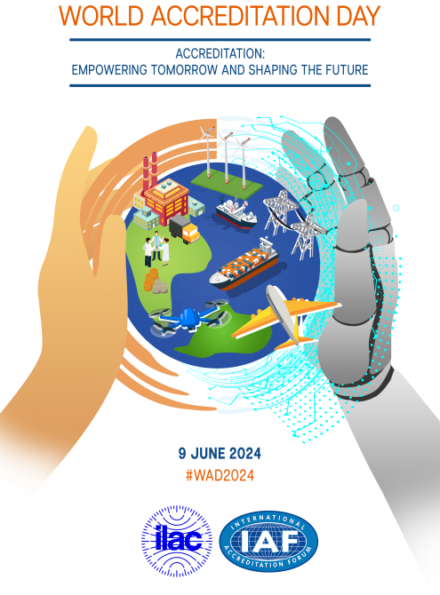 Kliknite pre otvorenie článku o dizajne plagátu k tohtoročnému svetovému dňu akreditácie.  V spodnej časti obrázka je Logo IAF a Logo ILAC. Svetový deň akreditácie je 9. júna 2024.